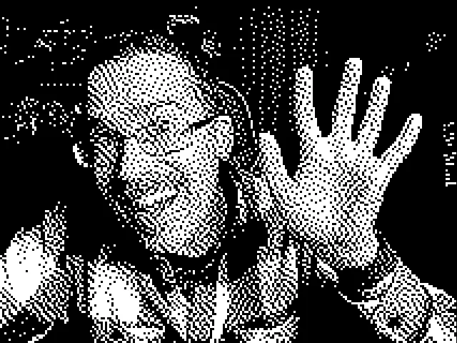 Screenshot of 1-Bit Camera: 1-bit dithering camera filter. Apply classic Macintosh black-and-white effects to webcam or photos — a retro HyperCard-era aesthetic tool.