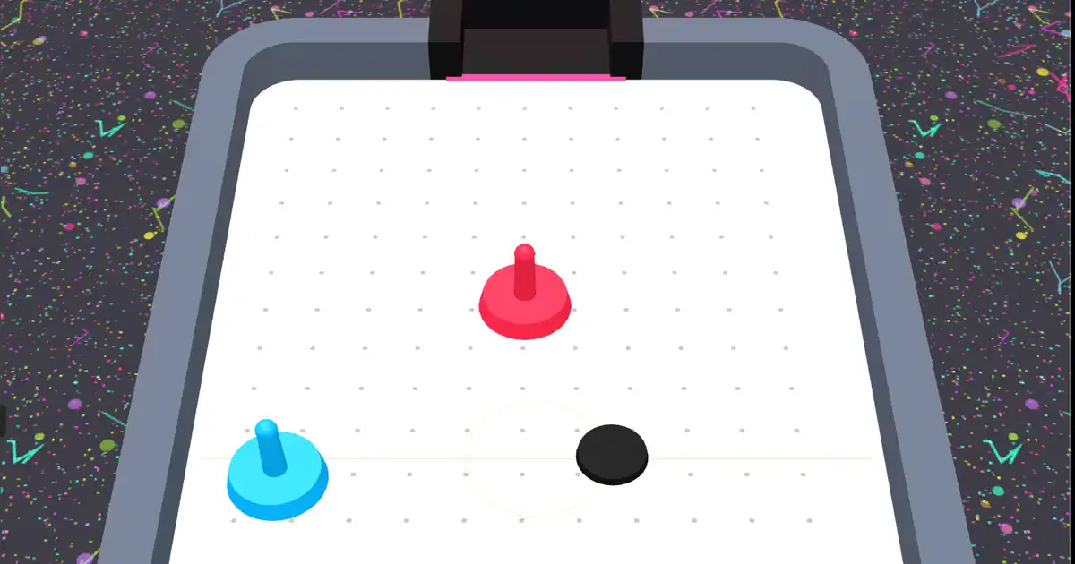 Screenshot of Air Hockey: Air hockey table simulator with 3D physics, skeuomorphic neon-lit table, and adjustable CPU opponent — arcade sports game alternative to real tabletop play.