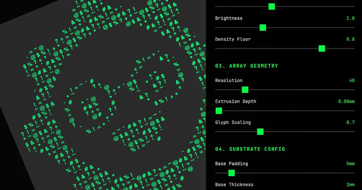 Screenshot of ASCII Forge: Image-to-3D-printable ASCII art converter. Turn any image into sculptural text art with extrusion controls — export STL and 3MF for CNC or 3D printing.