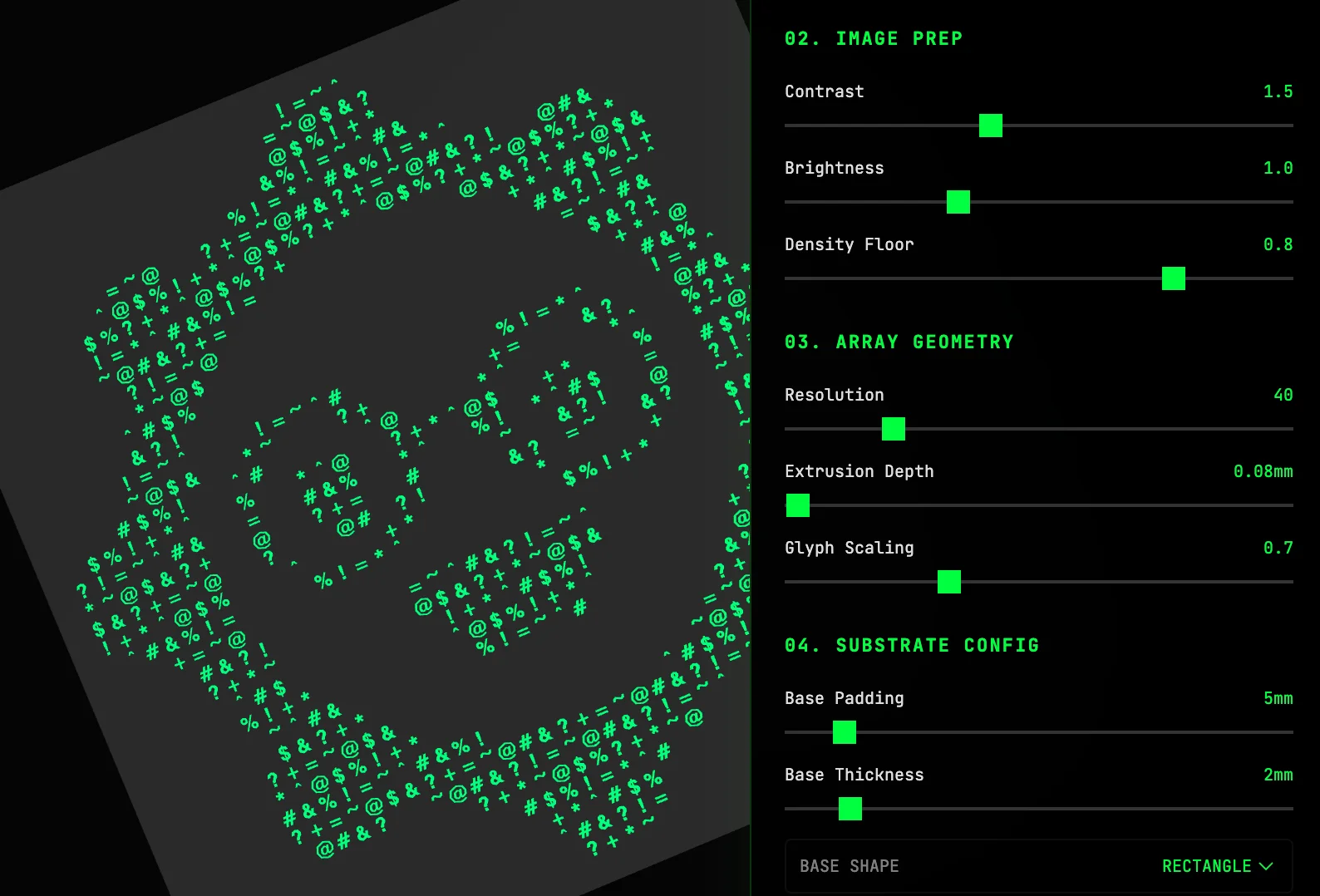 Screenshot of ASCII Forge: Image-to-3D-printable ASCII art converter. Turn any image into sculptural text art with extrusion controls — export STL and 3MF for CNC or 3D printing.