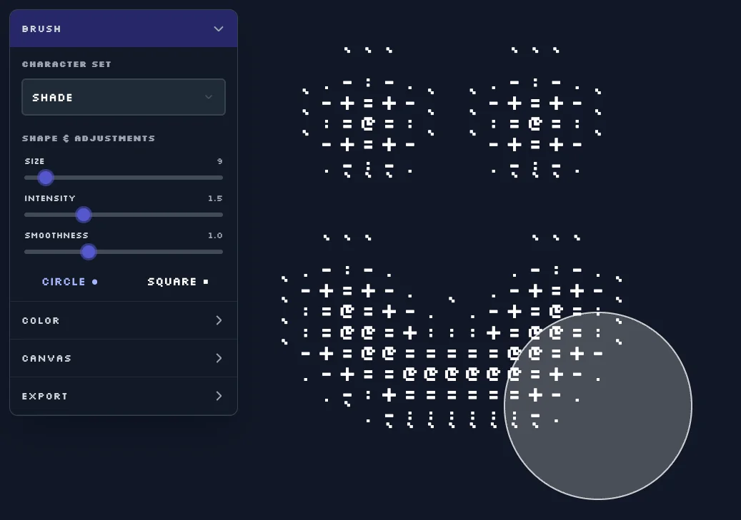 Screenshot of ASCII Painter: ASCII art drawing tool with full character palette, colors, and brushes. Create and export text art — a free alternative to Textcraft, REXPaint, and Playscii.