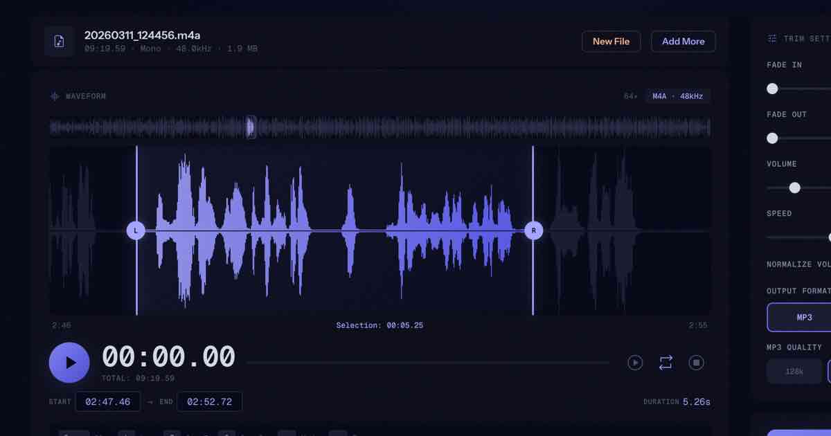 Screenshot of Audio Trimmer: Audio trimmer, MP3 cutter & format converter with waveform zoom, fade effects, volume normalize, loop playback. Client-side — Audacity & mp3cut alternative.