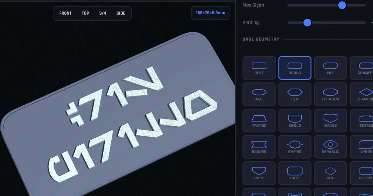Screenshot of Aurebesh Forge: Star Wars Aurebesh nameplate maker for 3D printing. Design custom text in galactic script and export STL or 3MF files — for cosplay, props, and displays.