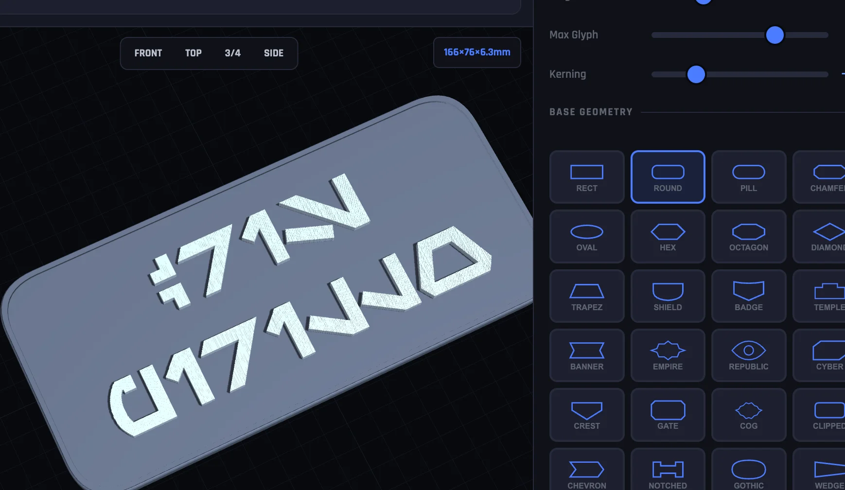 Screenshot of Aurebesh Forge: Star Wars Aurebesh nameplate maker for 3D printing. Design custom text in galactic script and export STL or 3MF files — for cosplay, props, and displays.
