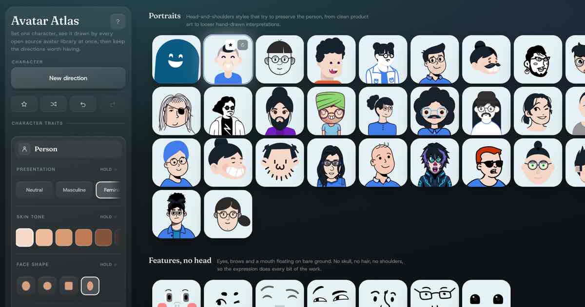 Screenshot of Avatar Atlas: Avatar style comparison tool — set character traits, render them across 100+ open source avatar styles at once, and export the wall as a contact sheet. Fast, free.