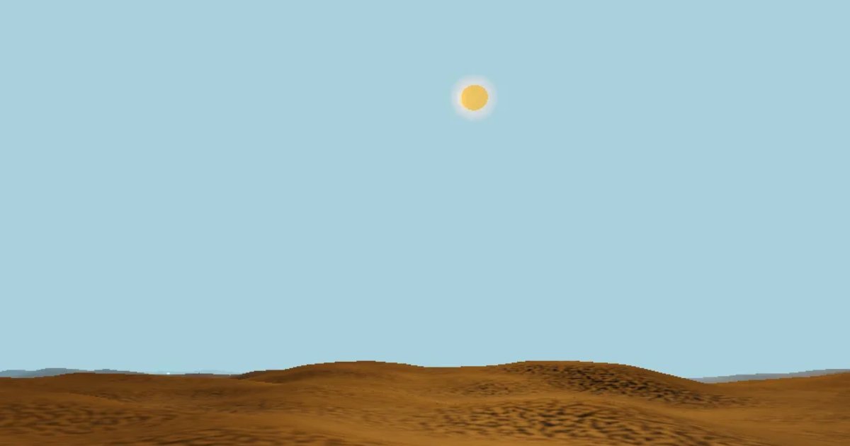 Screenshot of Binary Suns: Procedural desert landscape with twin suns, inspired by Tatooine. Explore vast alien terrain in 3D — a Star Wars-aesthetic generative world.