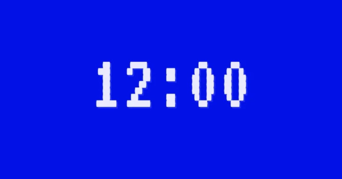 Screenshot of Blinking 12:00: Blinking VCR 12:00 display. The eternally flashing clock from the VHS era — a nostalgic novelty tribute to the most universally ignored user interface of the 1980s.