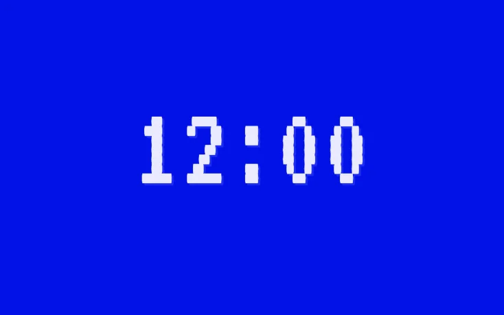 Screenshot of Blinking 12:00: Blinking VCR 12:00 display. The eternally flashing clock from the VHS era — a nostalgic novelty tribute to the most universally ignored user interface of the 1980s.