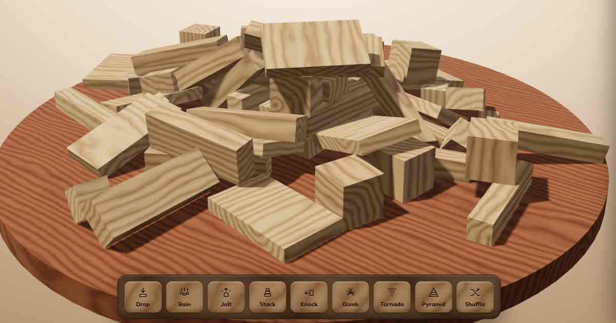 Screenshot of Blockyard: A calming 3D wooden block sandbox with satisfying, ASMR-style wood clacks. Stack, fling, and topple real physics blocks. No score — just relax and play.