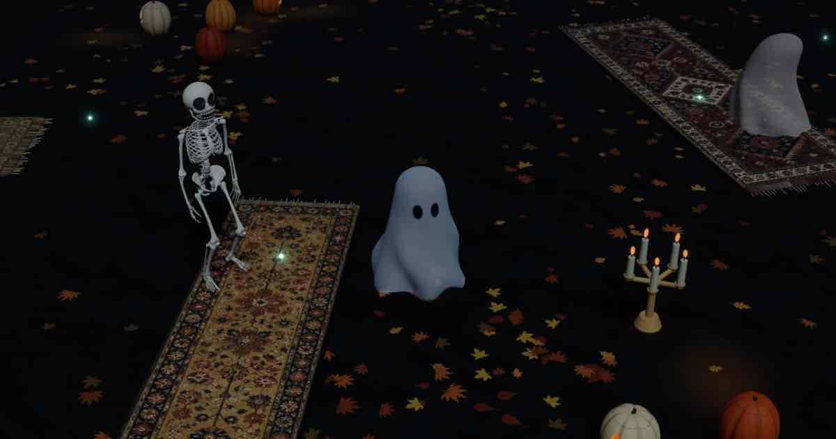 Screenshot of Boo Who: Guide a fluid 3D sheet ghost across an endless candlelit floor of carved jack-o’-lanterns, walking skeletons, and a generative haunted score.