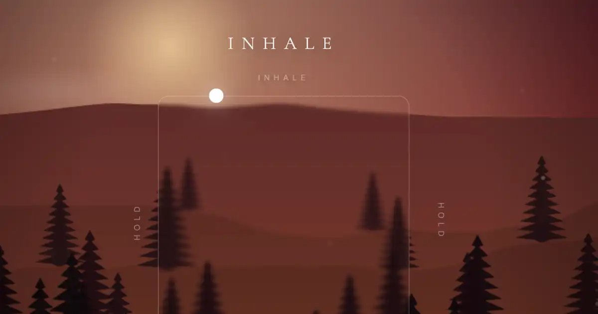 Screenshot of Breathing Room: Box breathing timer with generative nature landscapes — inhale, hold, exhale, hold in a calming 4-4-4-4 pattern. A free alternative to Breathwrk and Calm.