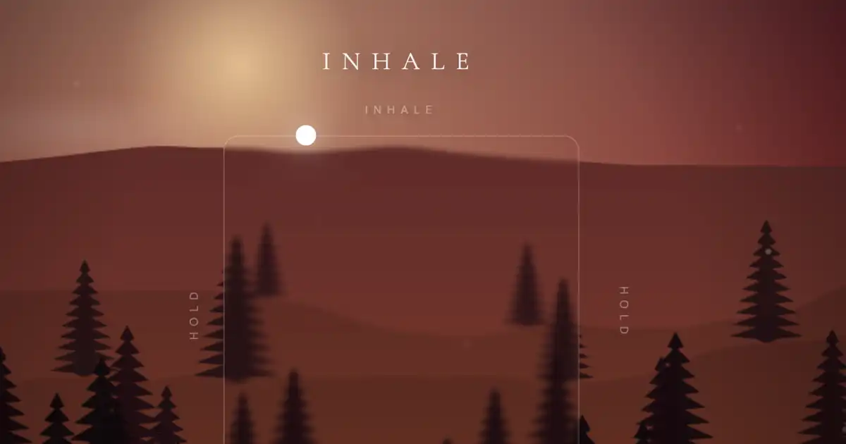 Screenshot of Breathing Room: Box breathing timer with generative nature landscapes — inhale, hold, exhale, hold in a calming 4-4-4-4 pattern. A free alternative to Breathwrk and Calm.