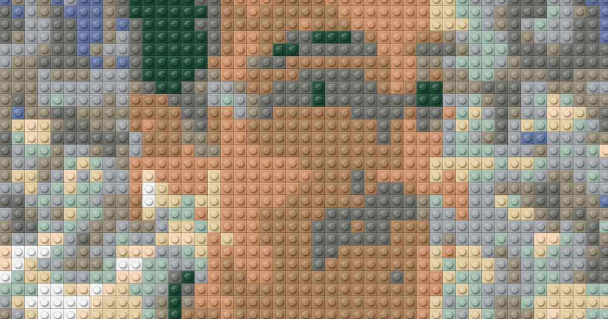 Screenshot of Brick Mosaic: LEGO mosaic generator. Photo in, stud pattern out with wanted-list XML, a numbered build guide and exact 1x1 counts across 40 brick colors.