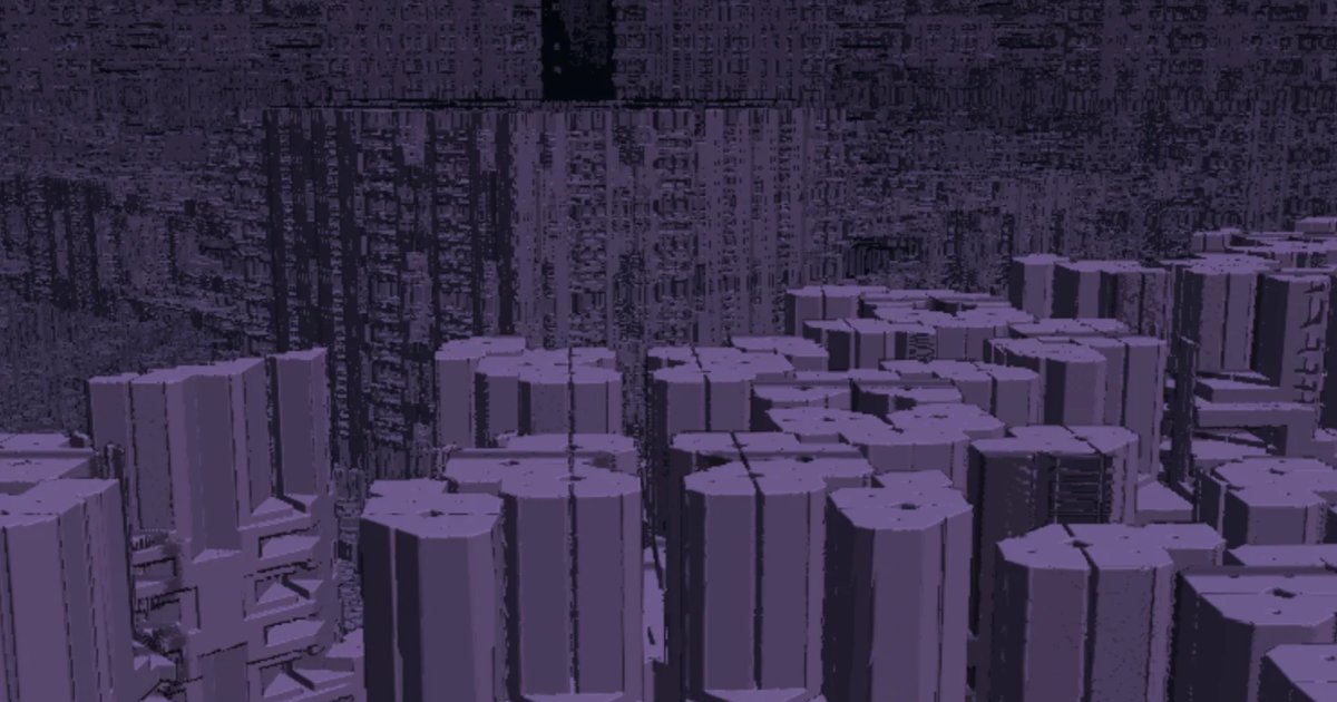 Screenshot of Broken City: Generative dystopian architecture explorer. Navigate crumbling geometric cityscapes — procedural urban decay art inspired by Brutalist architecture.
