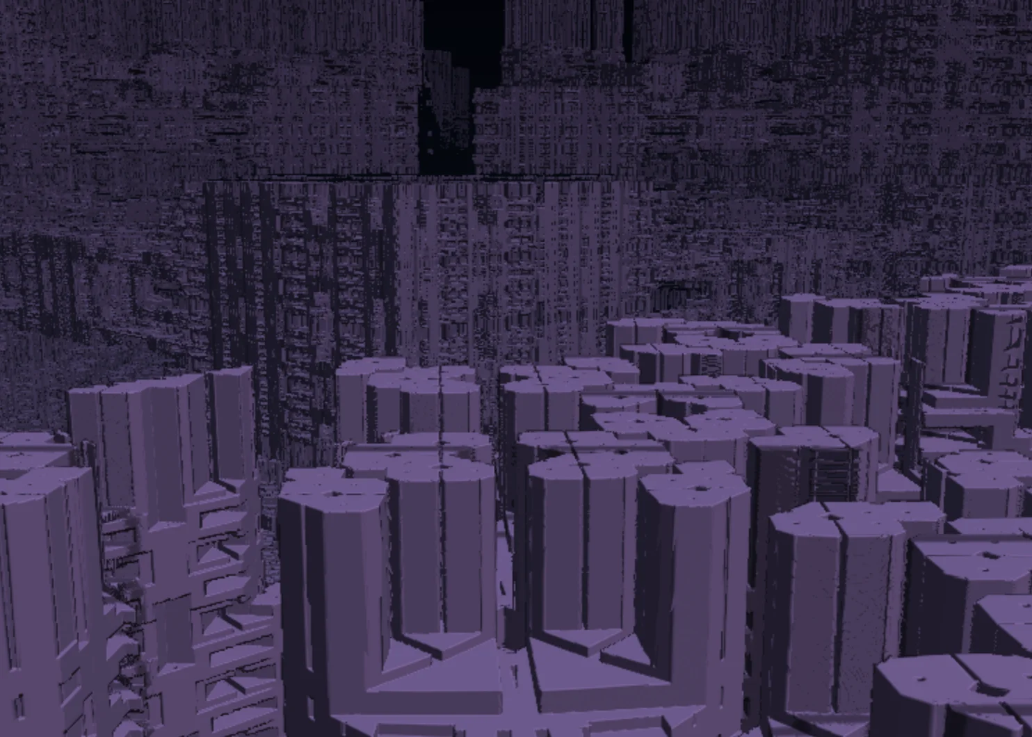 Screenshot of Broken City: Generative dystopian architecture explorer. Navigate crumbling geometric cityscapes — procedural urban decay art inspired by Brutalist architecture.