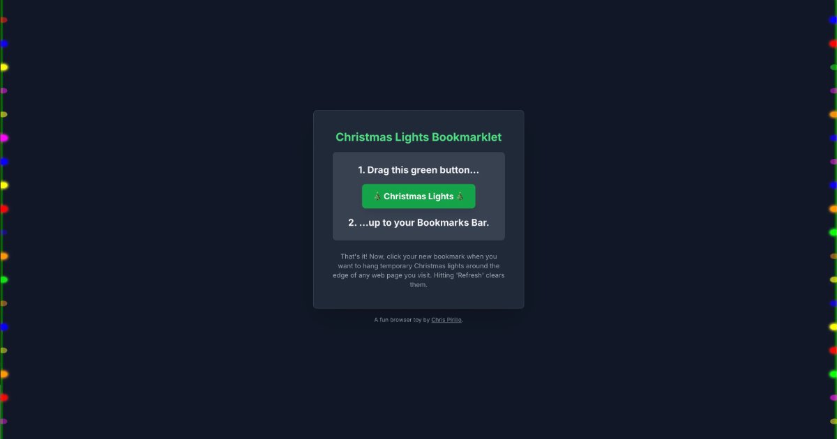 Screenshot of Browser Lights: Animated holiday string lights for your browser. Blinking Christmas lights as a festive decorative overlay — a seasonal ambient display widget.
