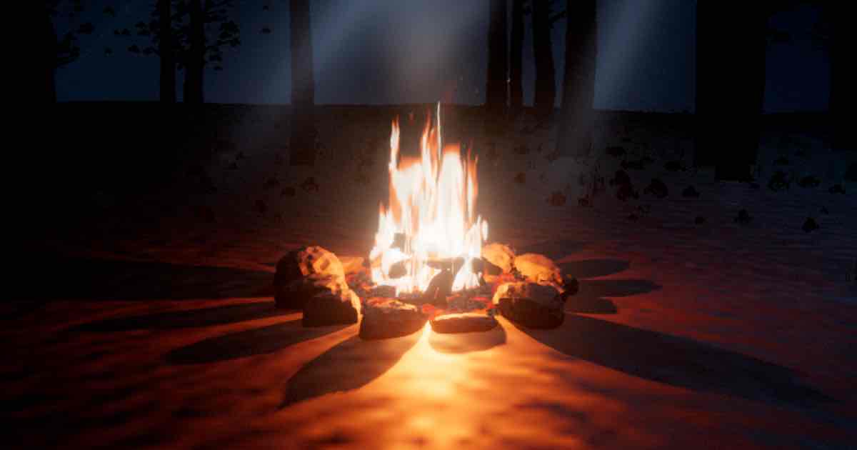 Screenshot of Campfire Simulator: Virtual campfire in a living night forest. Crackling fire, wind, crickets and rain synthesised live — never a loop. Free fire sounds for sleep, focus and calm.