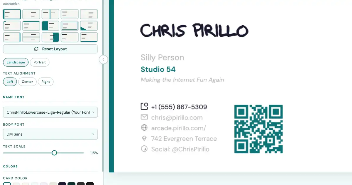 Screenshot of CardCrafter: Design professional business cards with vCard QR codes, 16+ fonts, 15 drag-to-position layouts, and print-ready 10-up PDF sheets.