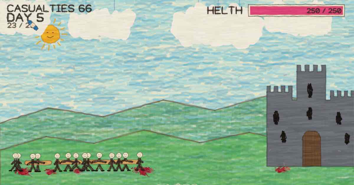 Screenshot of Castle Defense: Castle defense drawn entirely in crayon. Grab the stick army, fling them into the ground, convert survivors, and hold the walls one more day. Crayon warriors, FTW!