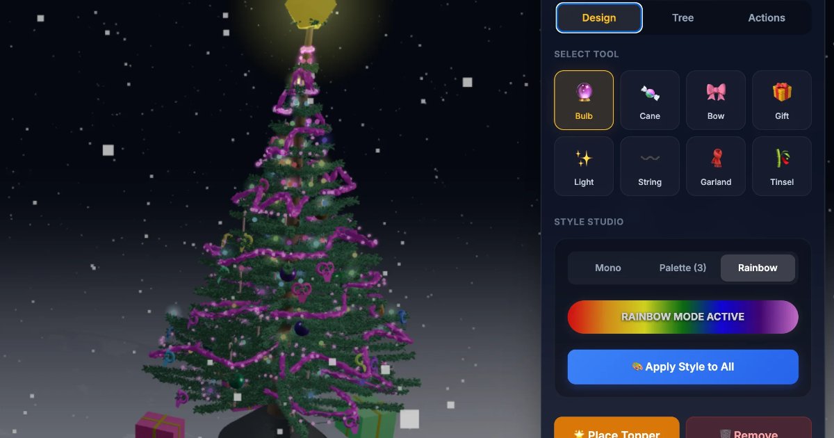 Screenshot of Tree Maker: 3D Christmas tree designer. Customize ornaments, lights, and decorations — create and share festive holiday tree designs with real-time preview.