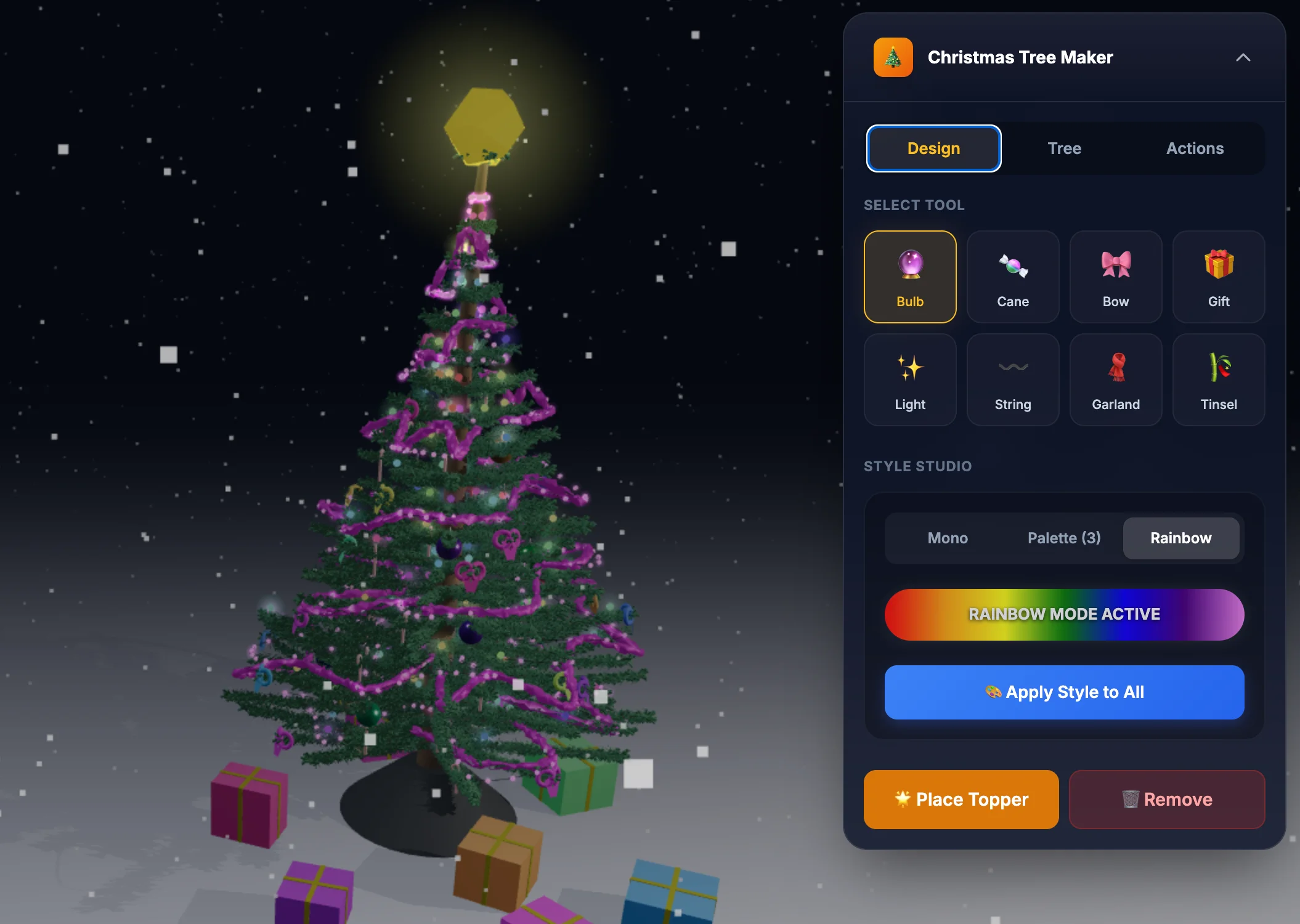 Screenshot of Tree Maker: 3D Christmas tree designer. Customize ornaments, lights, and decorations — create and share festive holiday tree designs with real-time preview.