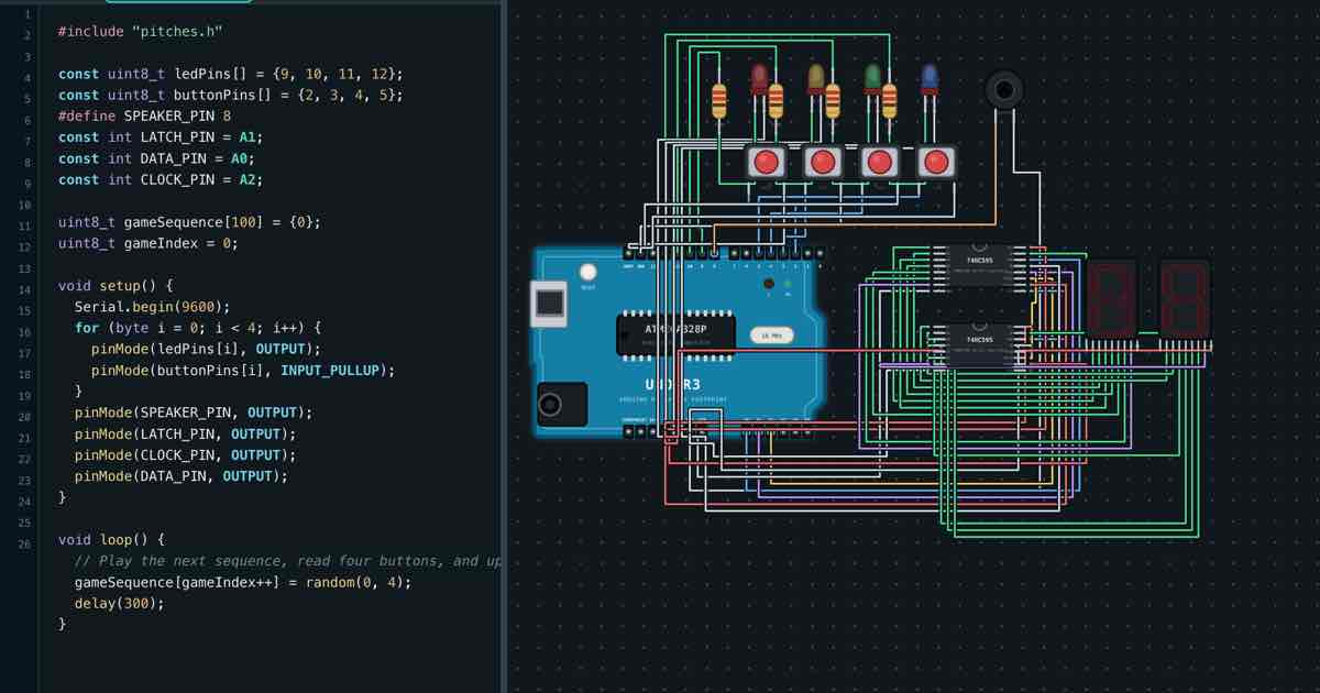 Screenshot of Circuit Simulator: Free circuit simulator that runs real firmware in your browser: Arduino C++ and Great Cow BASIC compile in the page for ATmega328P and PIC16F886.