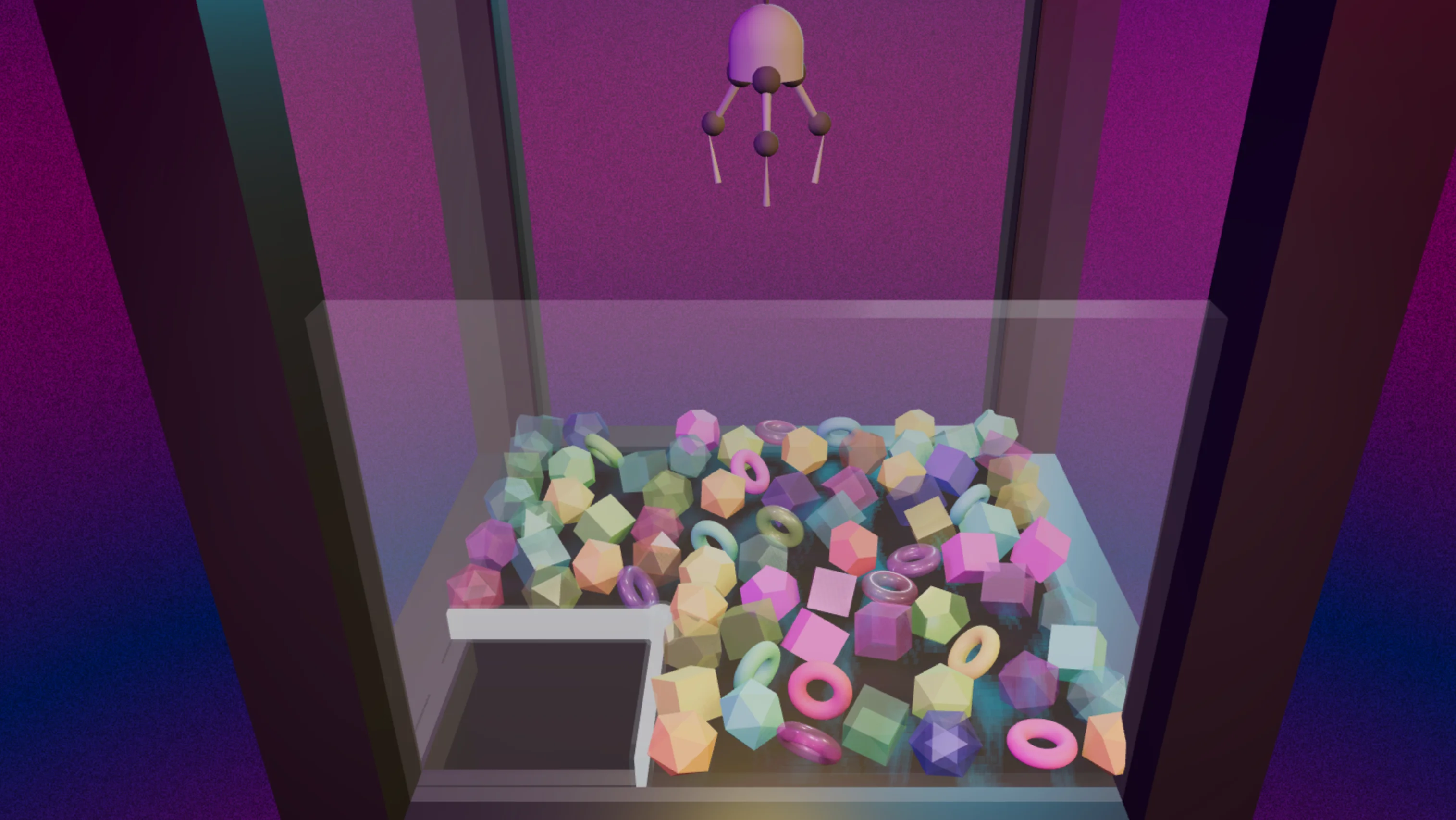 Screenshot of Claw Machine: 3D claw machine with realistic grab physics. Maneuver the crane, time your drop, and win prizes — a free arcade crane game inspired by real UFO catchers.