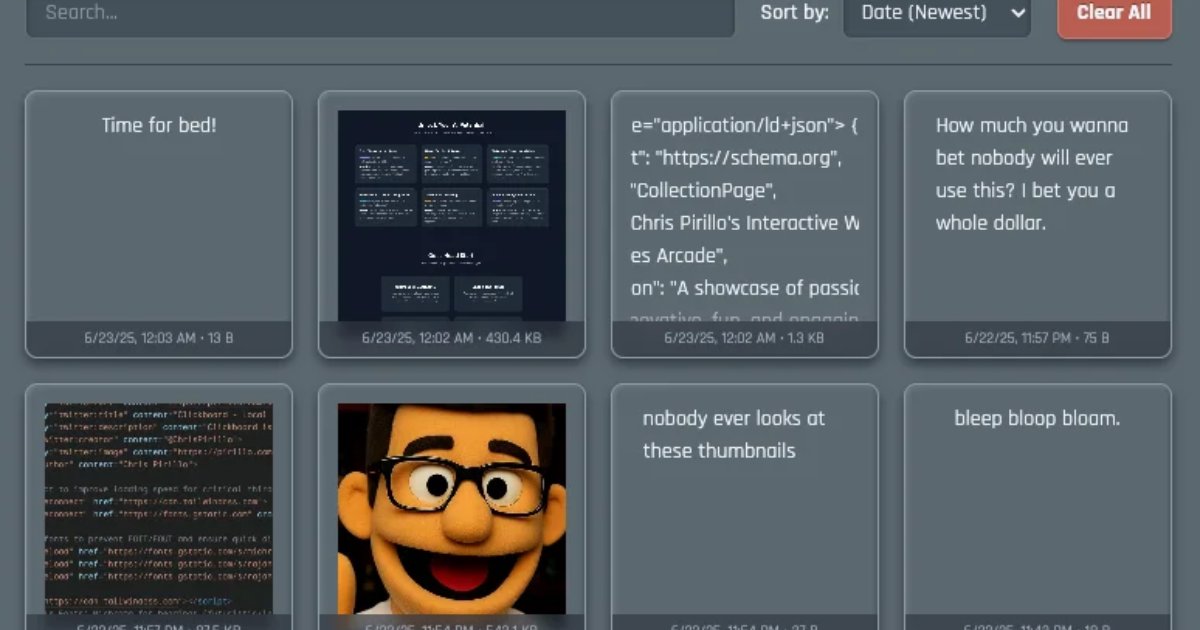 Screenshot of Clickboard: Secure local clipboard history manager. Track, search, and reuse copied text — a private alternative to clipboard managers like Ditto and CopyClip.