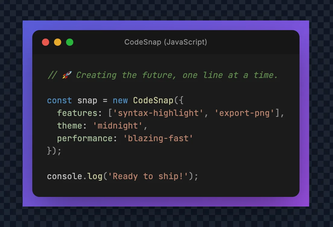 Screenshot of CodeSnap: Code screenshot generator with syntax highlighting. Turn source code into shareable images — a free alternative to Carbon, Ray.so, and Chalk.ist.