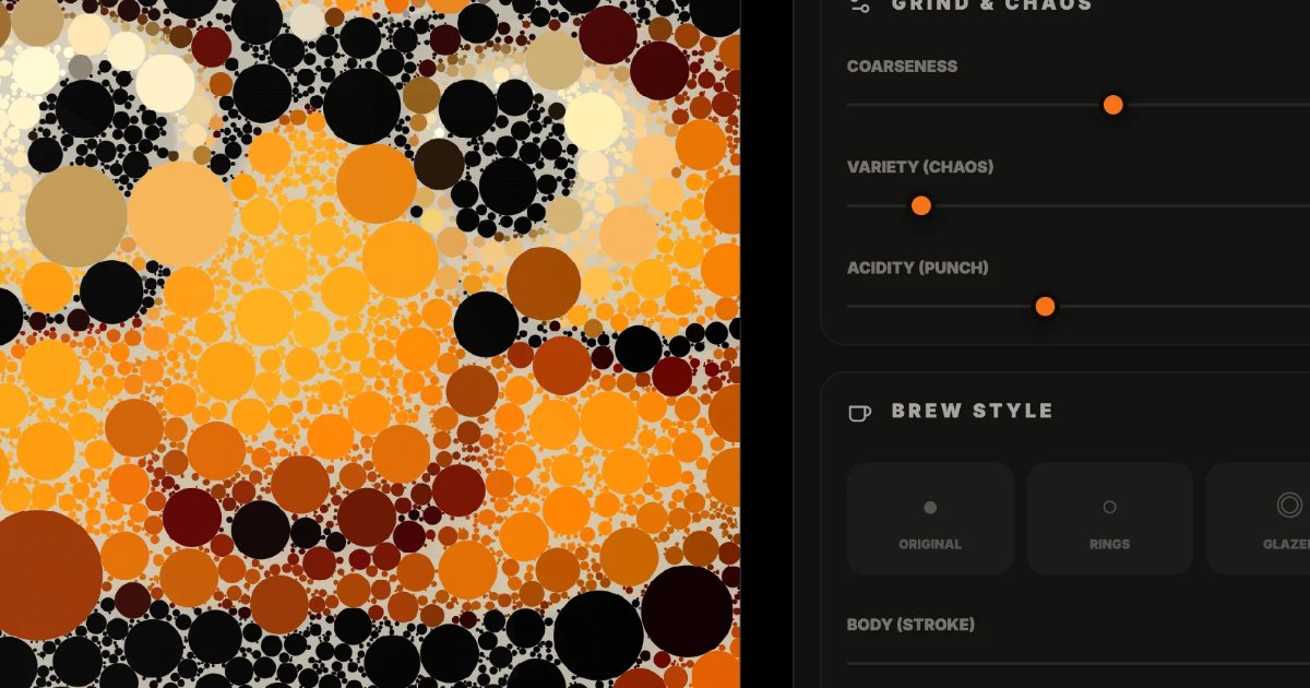 Screenshot of CoffeeTime: Photo-to-mosaic art converter. Transform images into circle-packed designs with coffee-inspired textures — a unique generative art tool for portrait and photo mosaics.