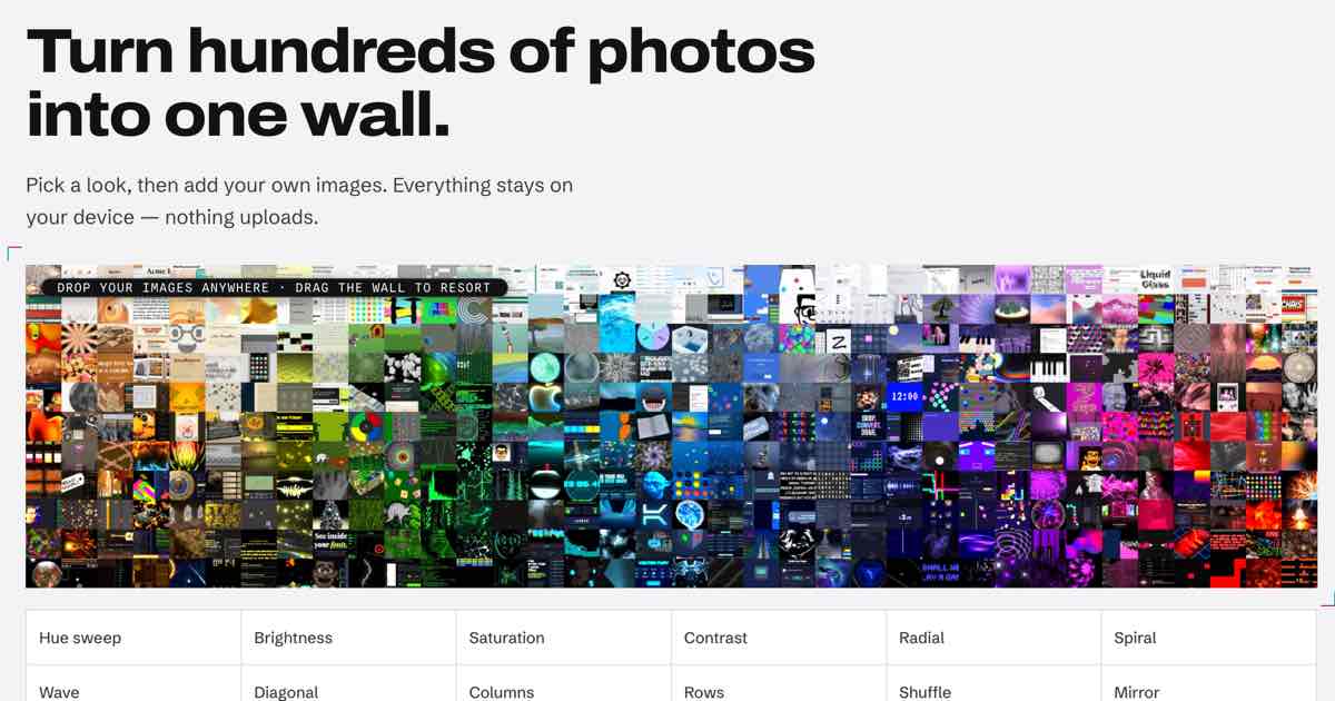 Screenshot of Collage Wall: Sort hundreds of photos by color into one banner, contact sheet, or wallpaper. Names on tiles, no cropping, 28 export sizes. Free photo mosaic app alternative.