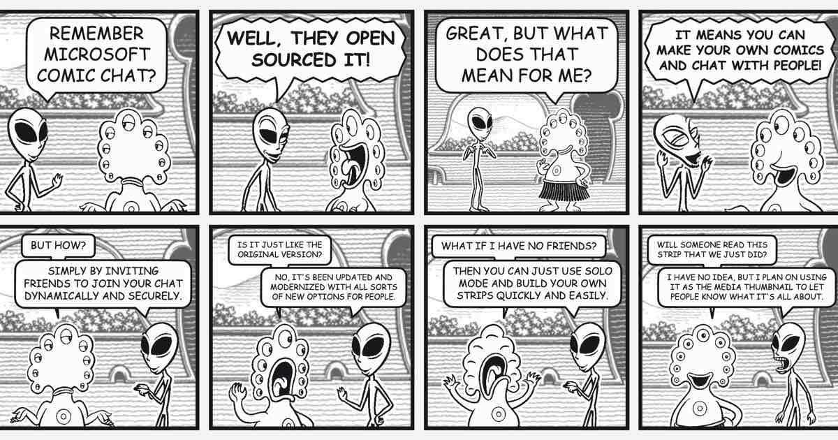 Screenshot of Comic Chatter: Comic strip maker that draws what you type into panels with the original Comic Chat cast, automatic camera angles, balloon shapes, and shared rooms.