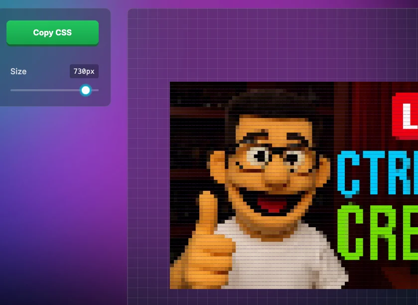 Screenshot of CSS Pixel Art: Image-to-CSS pixel art converter. Transform any photo into pure CSS code without image files — a free tool for web developers and pixel art enthusiasts.