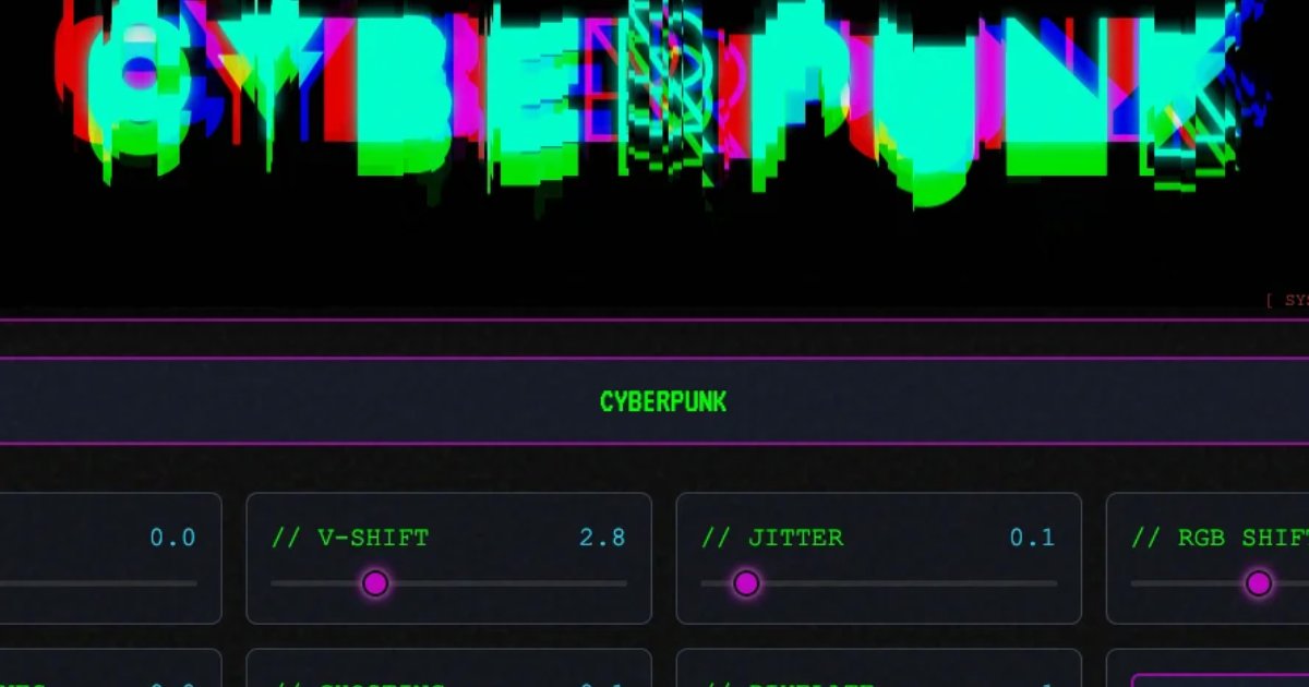 Screenshot of Cyberpunk Text: Glitch text animation generator. Create cyberpunk-style distorted neon text effects — perfect for YouTube thumbnails, social media headers, and sci-fi branding.