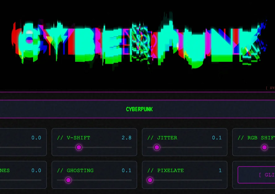 Screenshot of Cyberpunk Text: Glitch text animation generator. Create cyberpunk-style distorted neon text effects — perfect for YouTube thumbnails, social media headers, and sci-fi branding.