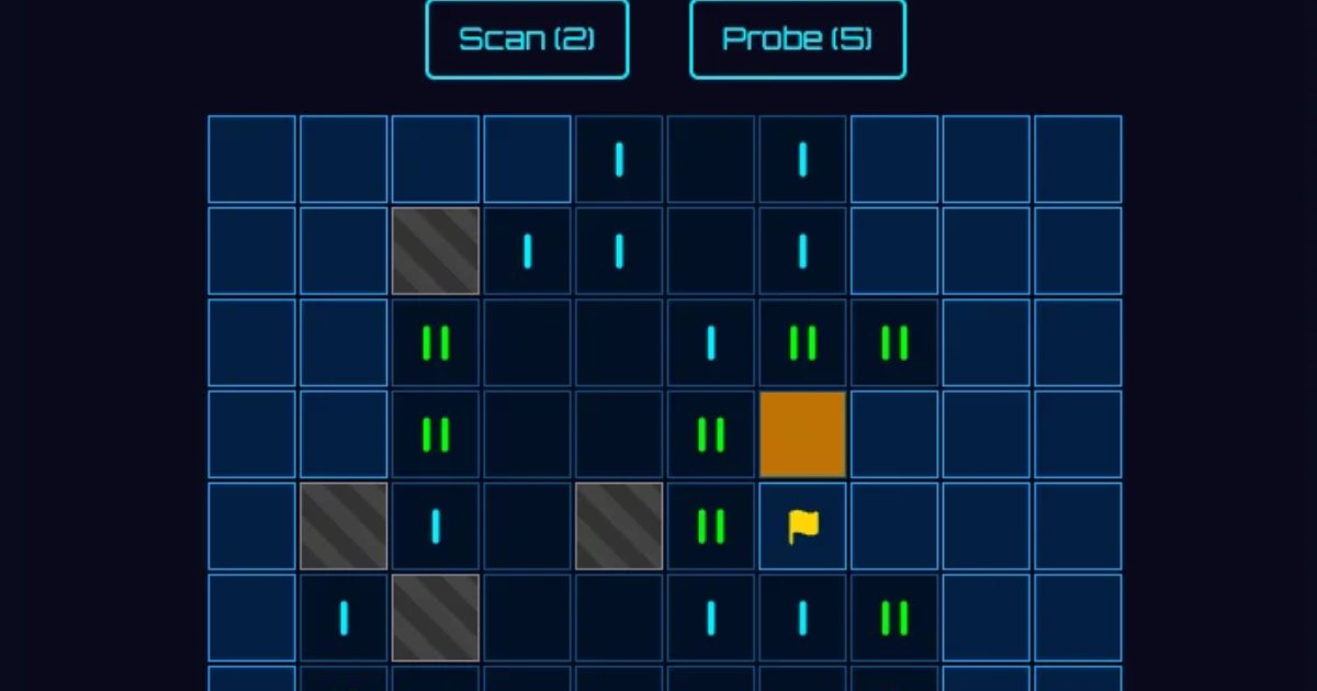 Screenshot of Cybersweeper: Minesweeper with a cyberpunk reskin. Sweep neon grids, flag mines, and solve logic puzzles — a free alternative to classic Windows Minesweeper and Minesweeper Online.