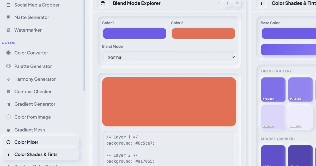 Screenshot of Design Workshop: CSS generator and web design toolkit. Create gradients, shadows, accessible color palettes, and process images — a modular workspace like a mini Figma for CSS.