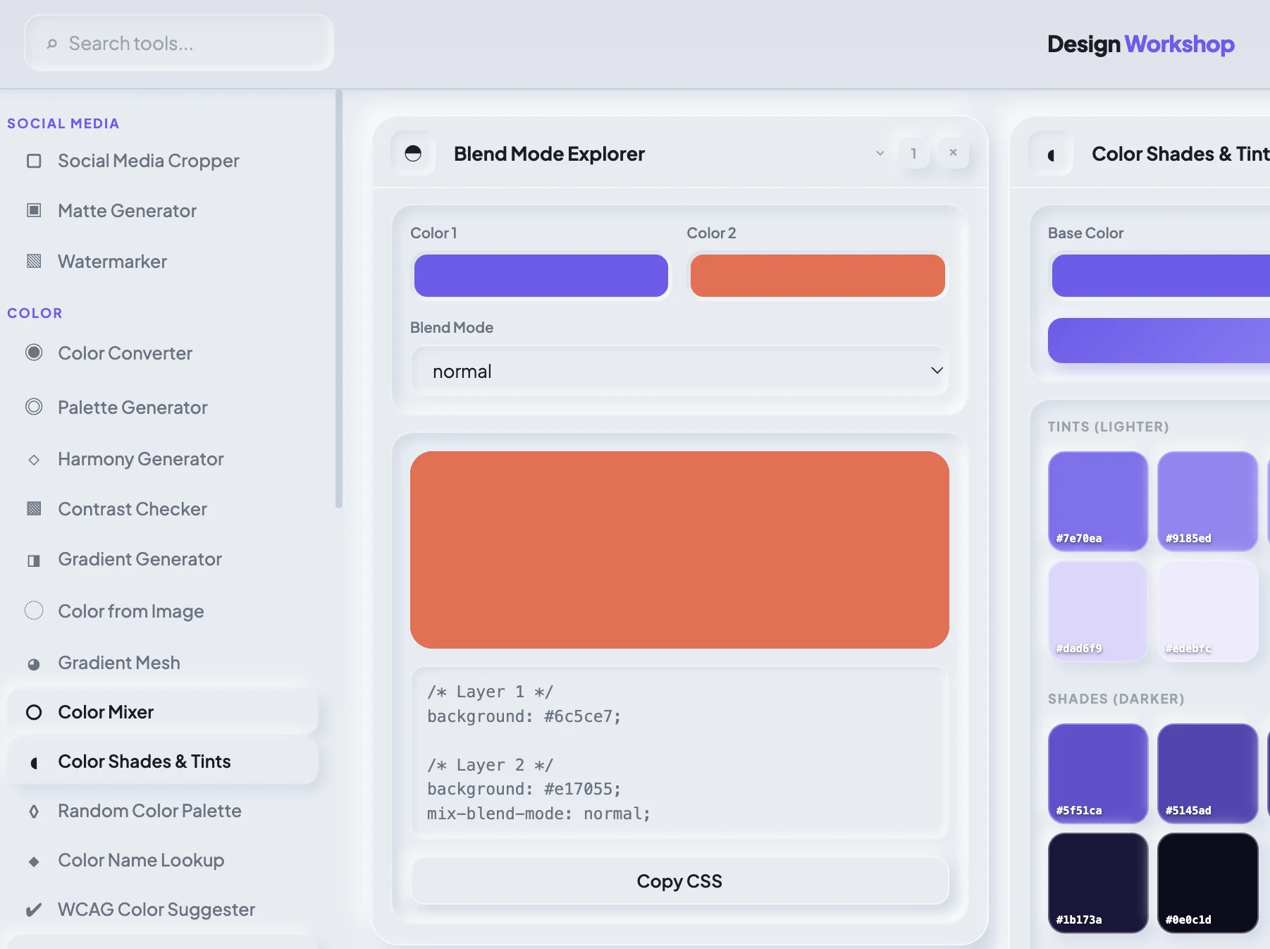 Screenshot of Design Workshop: CSS generator and web design toolkit. Create gradients, shadows, accessible color palettes, and process images — a modular workspace like a mini Figma for CSS.