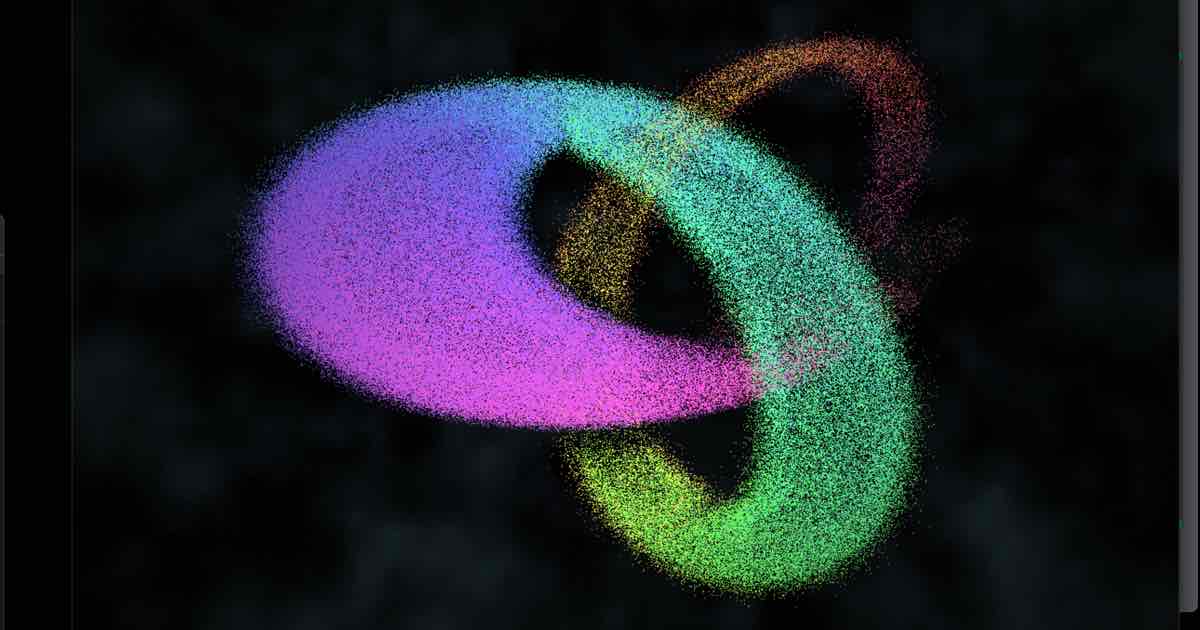 Screenshot of Dust Sculptor: Volumetric shader art generator. Sculpt raymarched dust into 3D knots, then export the same moment as an 8K still, MP4 or GIF. Free Shadertoy alternative.