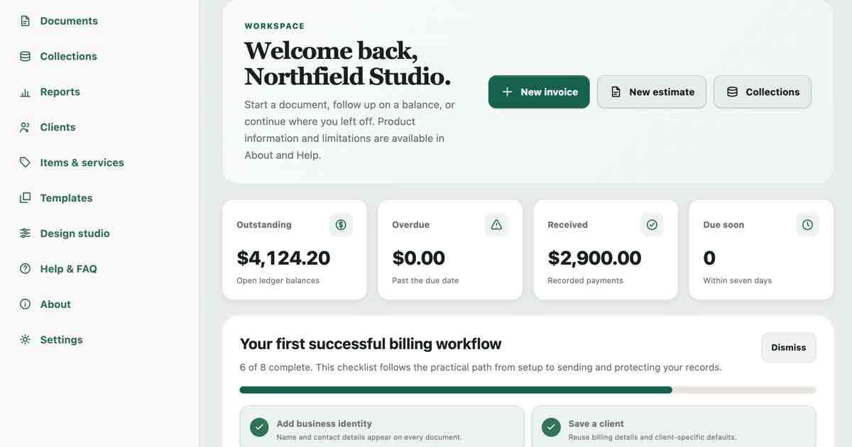 Screenshot of Easy Invoices: Free invoice generator with no client limit, no watermark, and no signup. Saves your clients, items, history on your own device. Alternative to paid invoice services.