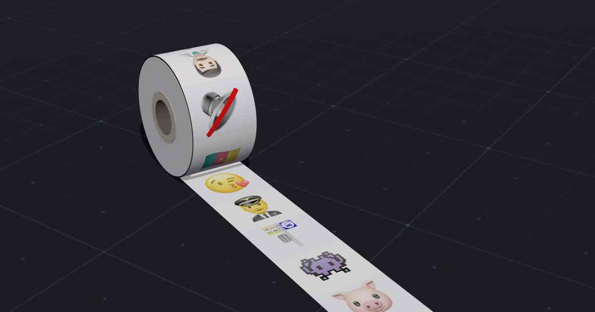 Screenshot of Emoji Press: 3D emoji screensaver: a rolling paper press prints 3,884 Unicode 17.0 emoji onto an endless paper strip. Steer it, or leave it wandering on its own. It's not sticky!