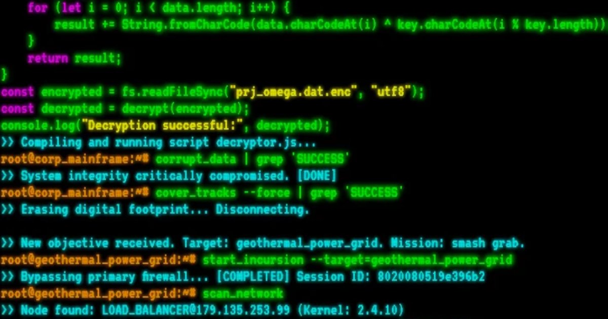 Screenshot of Endless Hacker: Movie hacker terminal simulator. Type anything and look like you're breaching mainframes — cascading code effects inspired by Hollywood's version of hacking.