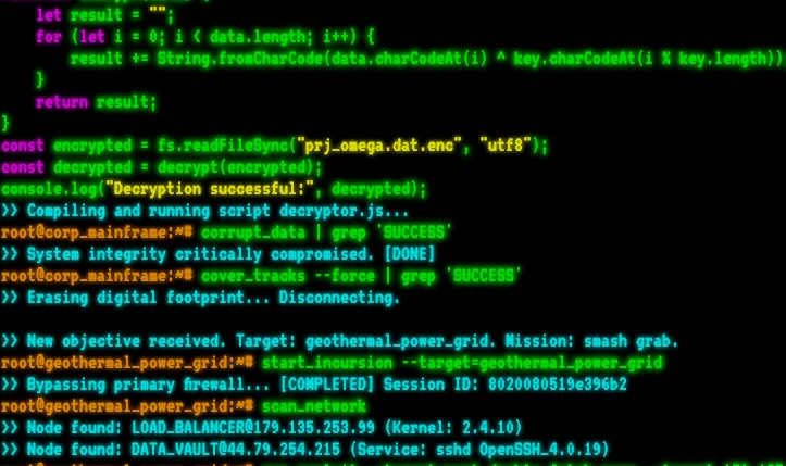 Screenshot of Endless Hacker: Movie hacker terminal simulator. Type anything and look like you're breaching mainframes — cascading code effects inspired by Hollywood's version of hacking.