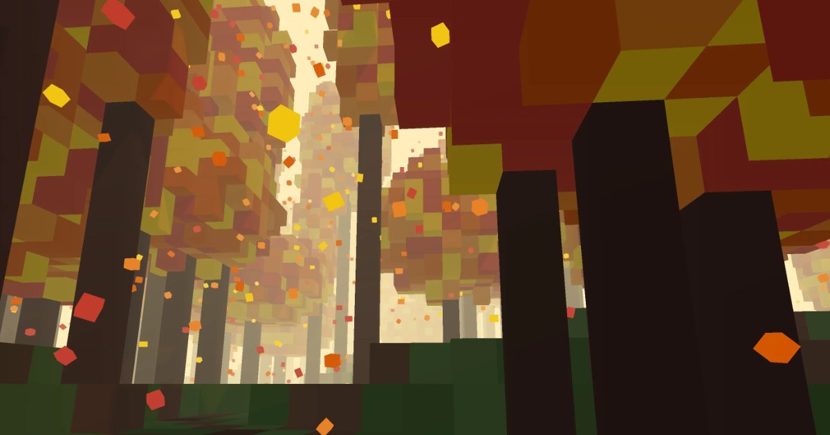 Screenshot of Fall Forest: Infinite autumn voxel landscape. Explore endless fall scenery with pixel-art trees and rolling terrain — a cozy procedural nature scene in retro 3D.