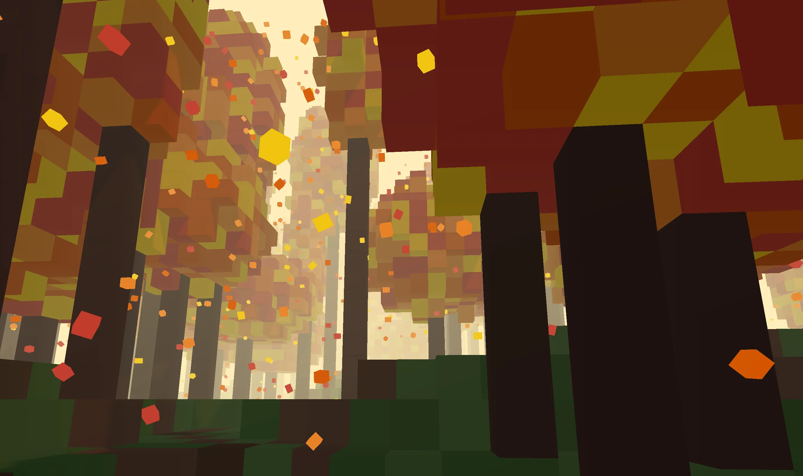 Screenshot of Fall Forest: Infinite autumn voxel landscape. Explore endless fall scenery with pixel-art trees and rolling terrain — a cozy procedural nature scene in retro 3D.