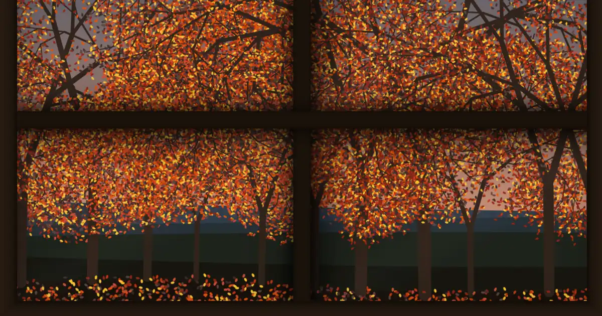 Screenshot of Fall Leaves: Procedural autumn forest with falling leaves, swaying trees, and dynamic day-night sky. A free alternative to fall screensavers and live wallpapers. Put it on your TV!
