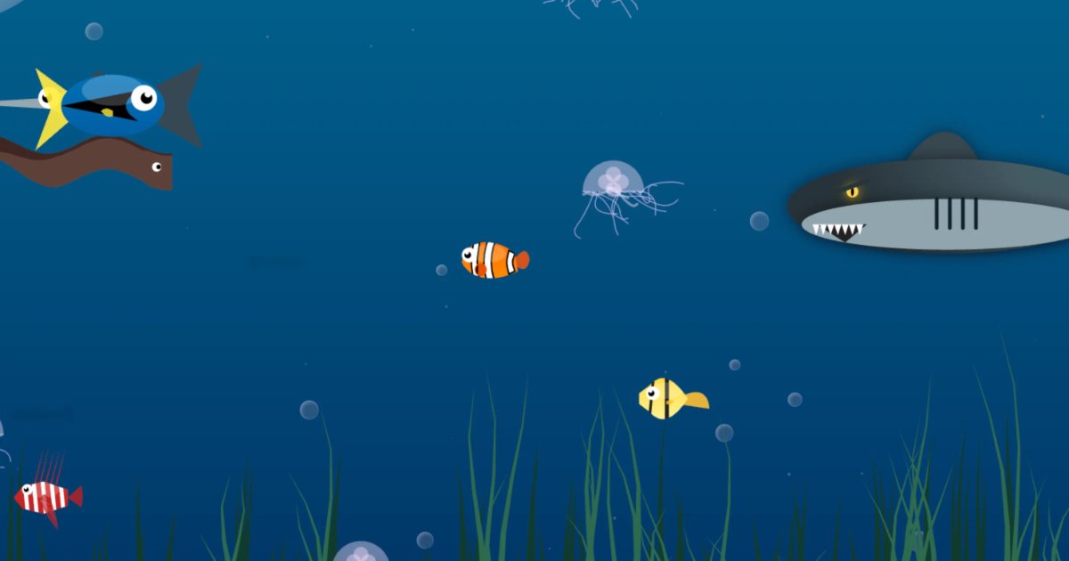 Screenshot of Fish Frenzy: Underwater eat-or-be-eaten survival game. Devour smaller fish, dodge predators, grow bigger — inspired by Feeding Frenzy and Fishy with arcade pacing.