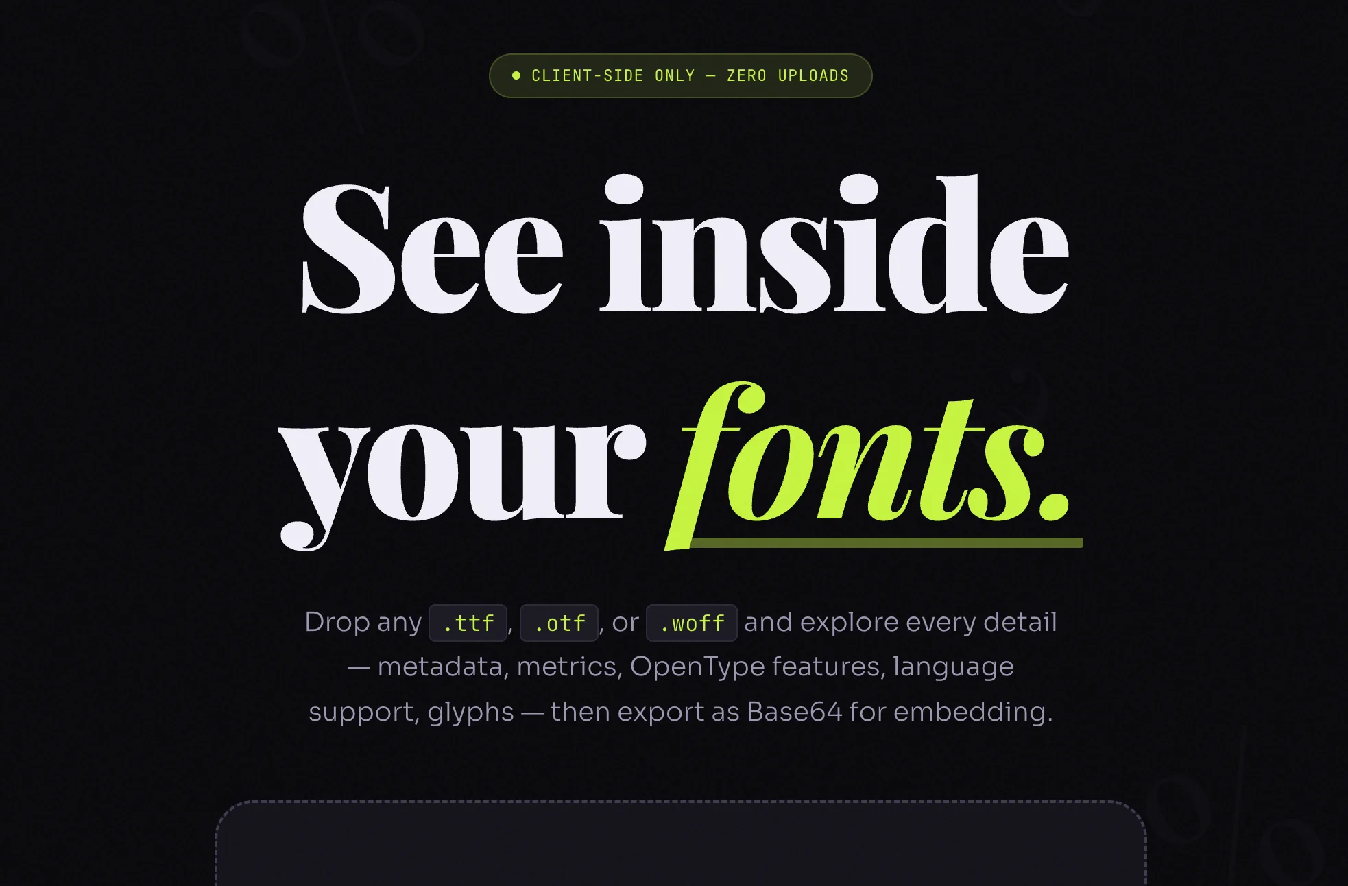 Screenshot of Font Anatomy: Font inspector and analysis tool. Examine metrics, OpenType features, glyph outlines, and table data — a free alternative to FontDrop, Wakamai Fondue, and FontForge.