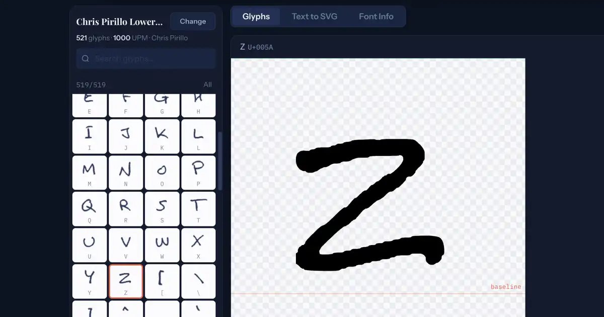 Screenshot of Font to SVG: Font-to-SVG path converter. Extract scalable vector outlines from any font file — for Cricut, laser cutting, logos, and design. A free alternative to FontForge export.