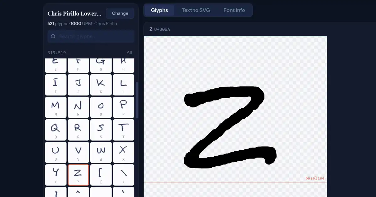 Screenshot of Font to SVG: Font-to-SVG path converter. Extract scalable vector outlines from any font file — for Cricut, laser cutting, logos, and design. A free alternative to FontForge export.